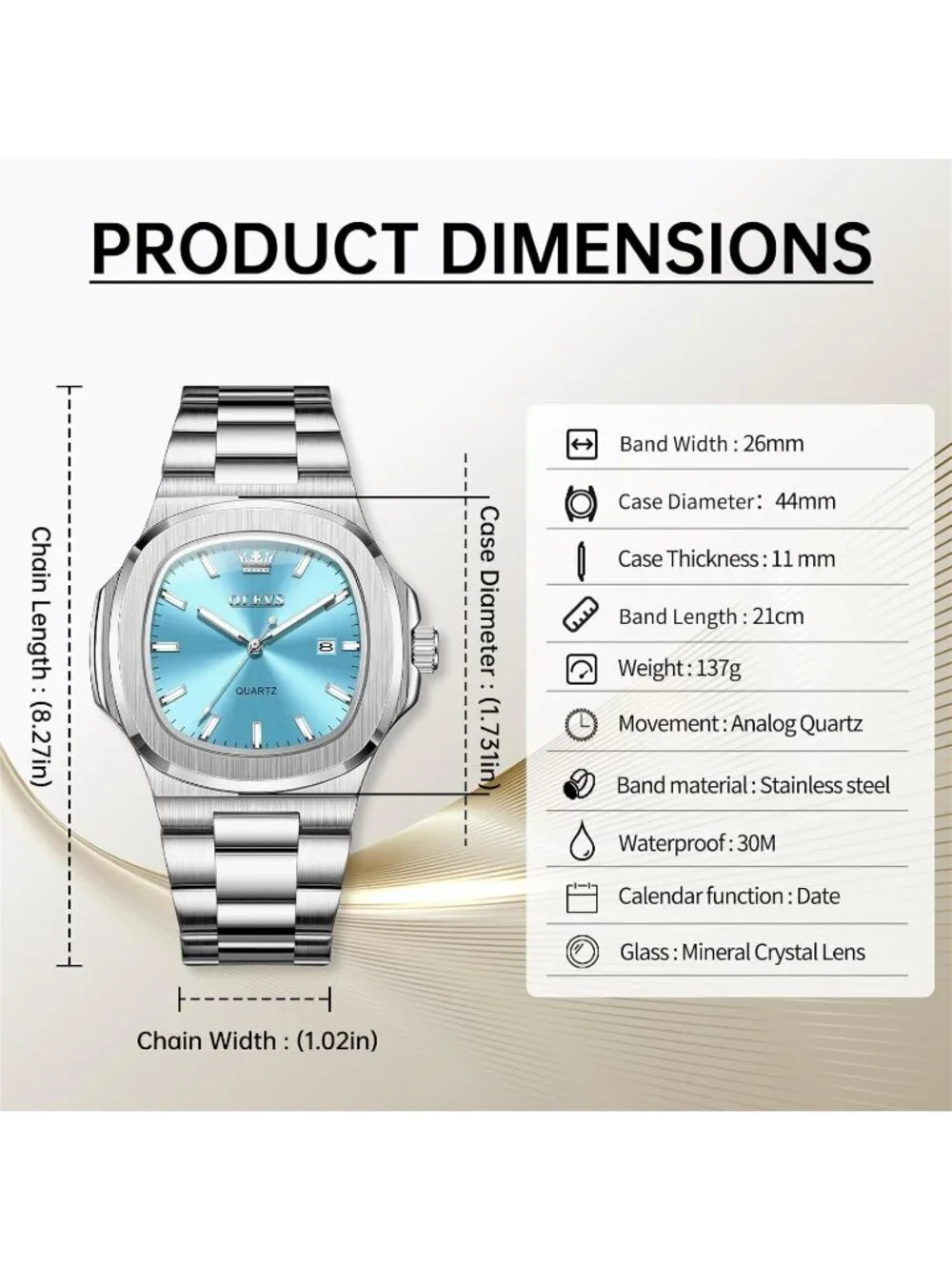 Men's Silver Mint Blue Luxury Stainless Octagon Analog Quartz Waterproof Watch